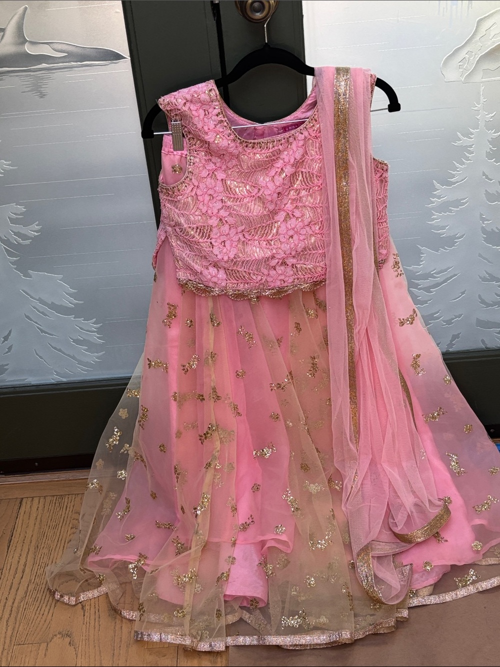 Biba Pink and Gold Girls' Lehenga Choli with Dupatta